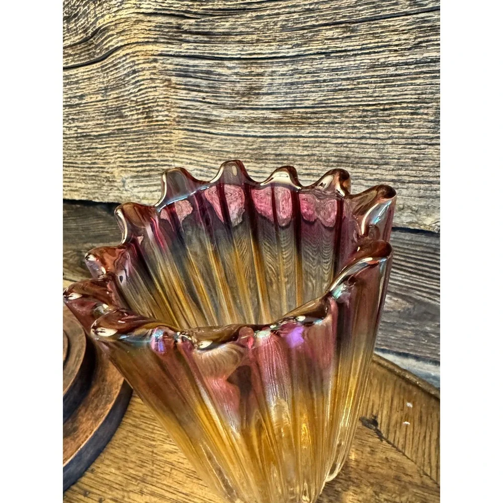 Federal glass Vintage Cranberry Amber Ombre Art Glass Vase‎ Ribbed Ruffle Rim
